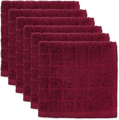 DII Basic Terry Collection Solid Windowpane Dishcloth Set, 12x12, Wine, 6 Piece