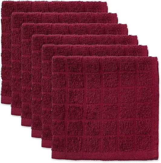 DII Basic Terry Collection Solid Windowpane Dishcloth Set, 12x12, Wine, 6 Piece