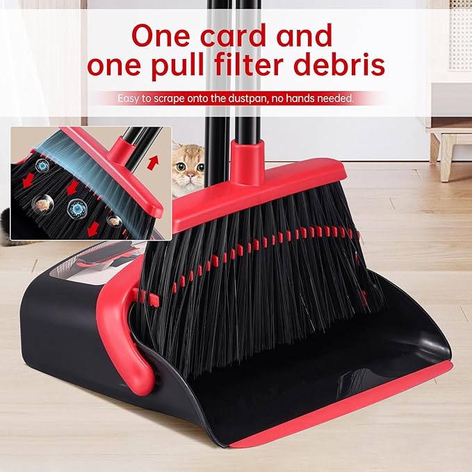 Broom with Dustpan Combo Set, Hand Broom and Dustpan Set for Sweeping Indoor Angle Broom for Home Office Kitchen Lobby Floor Pet Hair Indoor&Outdoor Cleaning (Black&Red)