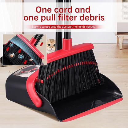 Broom with Dustpan Combo Set, Hand Broom and Dustpan Set for Sweeping Indoor Angle Broom for Home Office Kitchen Lobby Floor Pet Hair Indoor&Outdoor Cleaning (Black&Red)