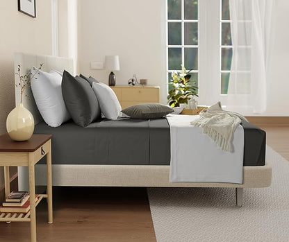 300 Thread Count Organic Cotton Sheets Full Sheet Set Deep Pocket, 100% Cotton Bed Sheets Full Size Set, No Pill Soft & Comfy Naturally Cool Breathable Elasticated Sheet & Pillowcase Sets - Charcoal