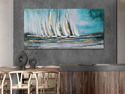 Anolyfi Blue Abstract Canvas Wall Art Teal Ocean Sailboat Picture Modern Coastal Nautical Painting, Textured Artwork Large Framed for Living Room Bedroom Bathroom Kitchen Office Home Decor 40"x20"