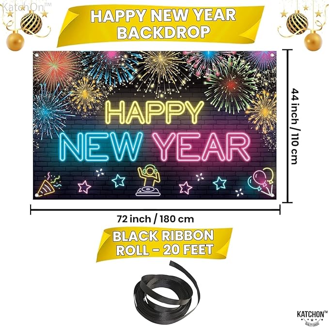 KatchOn, XtraLarge Neon Happy New Year Banner - 72x44 Inch | Neon New Year Backdrop 2026 | New Years Decorations 2026 | NYE Eve Banner For NYE Decorations 2026 | New Years Eve Party Supplies 2026