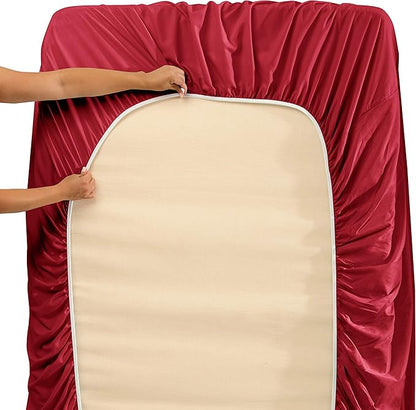 Nestl Short Queen Sheet Set - 1800 Ultra-Soft Microfiber - Double Brushed - Deep Pockets - Easy Fit - 4 Piece Set - Bed Sheets (Short Queen, Burgundy Red)