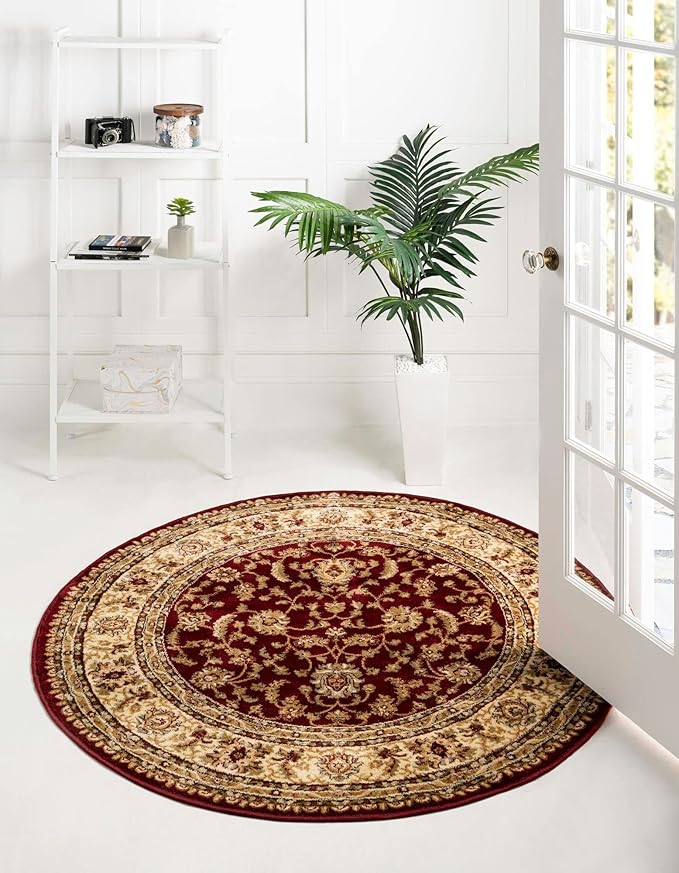 Rugs.com Aditi Collection Rug – 7' 10 Round Red Low Rug Perfect for Kitchens, Dining Rooms