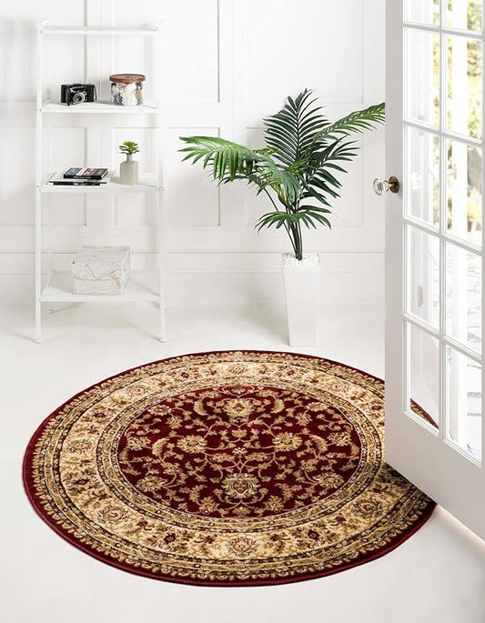 Rugs.com Aditi Collection Rug – 7' 10 Round Red Low Rug Perfect for Kitchens, Dining Rooms
