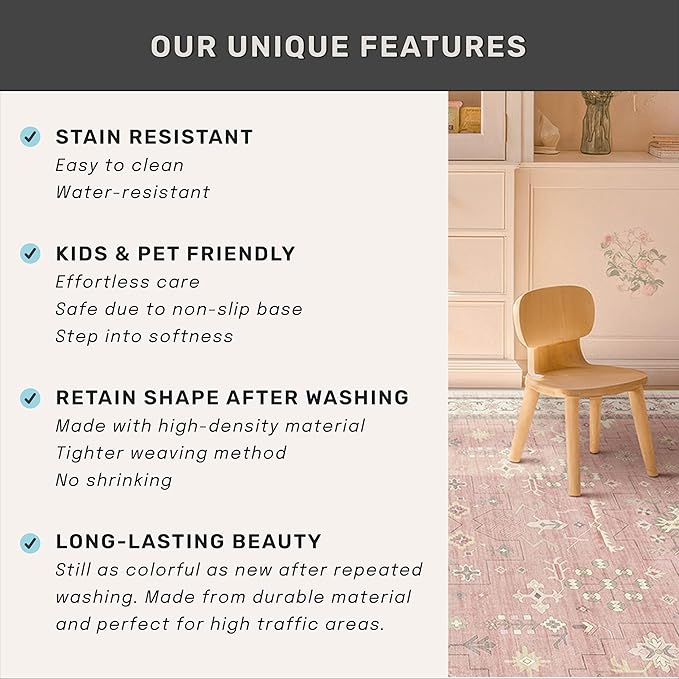 Pink and Gold Girls Rugs for Bedroom, 4x6 Non Slip Nursery Floral Area Rug, Machine Washable Kids Playroom Mat, Vintage Thin Low Pile Carpet for Living Room, Dorm