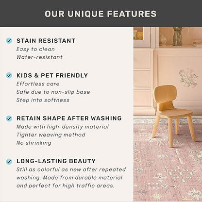 Blush Pink Girls Rugs for Bedroom - Nursery Floral Area Rug 5x7, Machine Washable Non Slip Kids Playroom Play Mat, Vintage Thin Low Pile Carpet for Living Room, Dorm