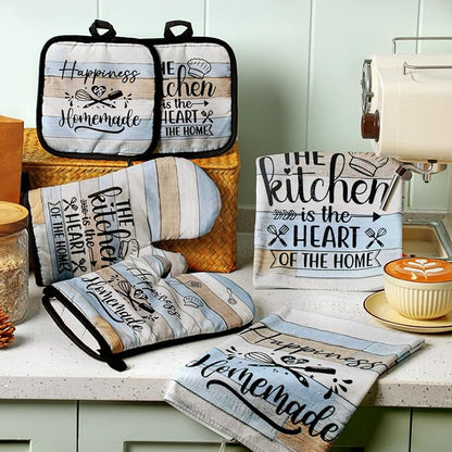 Sratte 6 Pcs Kitchen Decor Accessories Set Farmhouse Towels Pot Holders Oven Mitts Set 2 Dish Towels 2 Potholders 2 Cooking Mittens Oven Glove for Christmas Baking Cooking Supply(Brown Green,Kitchen)