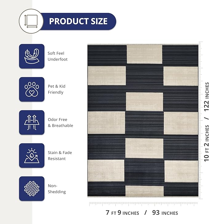 Abani Austin Collection Navy Area Rug - 8' x 10' - Block Checkered Pattern, Non-Shedding - Easy to Clean, Durable for Living Rooms, Dining Rooms & Family Rooms, Pet & Kid Friendly