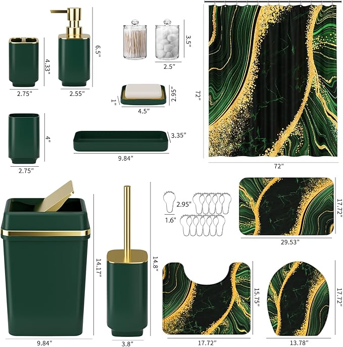 25PCS Bathroom Accessory Set, Dark Green Bathroom Set with Large-Capacity 4 Gallon Trash Can,Bathroom Rugs Set, Waterproof Shower Curtain, Toilet Brush, Toothbrush Holder & Soap Dispenser