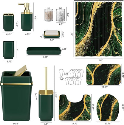 25PCS Bathroom Accessory Set, Dark Green Bathroom Set with Large-Capacity 4 Gallon Trash Can,Bathroom Rugs Set, Waterproof Shower Curtain, Toilet Brush, Toothbrush Holder & Soap Dispenser