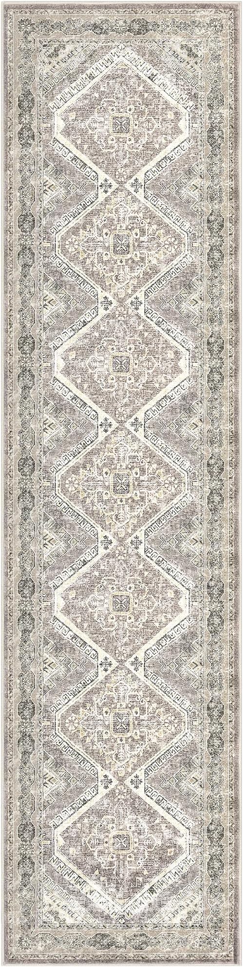 KUTA Vintage Washable Runner Rug 2.6x12, Non-Slip Hallway Kitchen Rugs with Rubber Backing, Ivory Grey Yellow Brown Ultra Soft Printed Oriental Distressed Carpet Long Runners for Living Room
