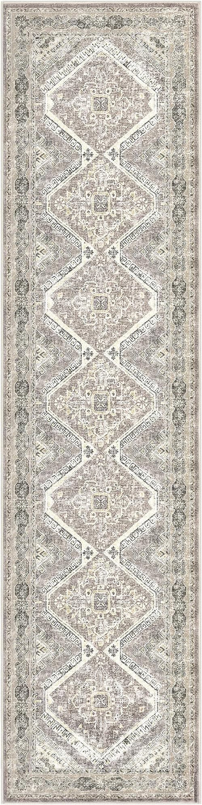 KUTA Vintage Washable Runner Rug 2.6x12, Non-Slip Hallway Kitchen Rugs with Rubber Backing, Ivory Grey Yellow Brown Ultra Soft Printed Oriental Distressed Carpet Long Runners for Living Room