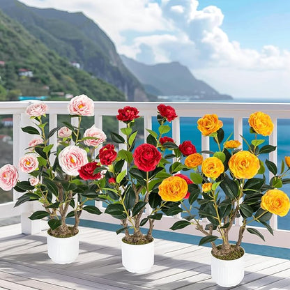 2 Pack Artificial Camellia Tree with White Pot, 24" Faux Potted Plants for Indoor Outdoor Decor, Tall Silk Greenery Plant for Home Office Living Room Balcony, Red