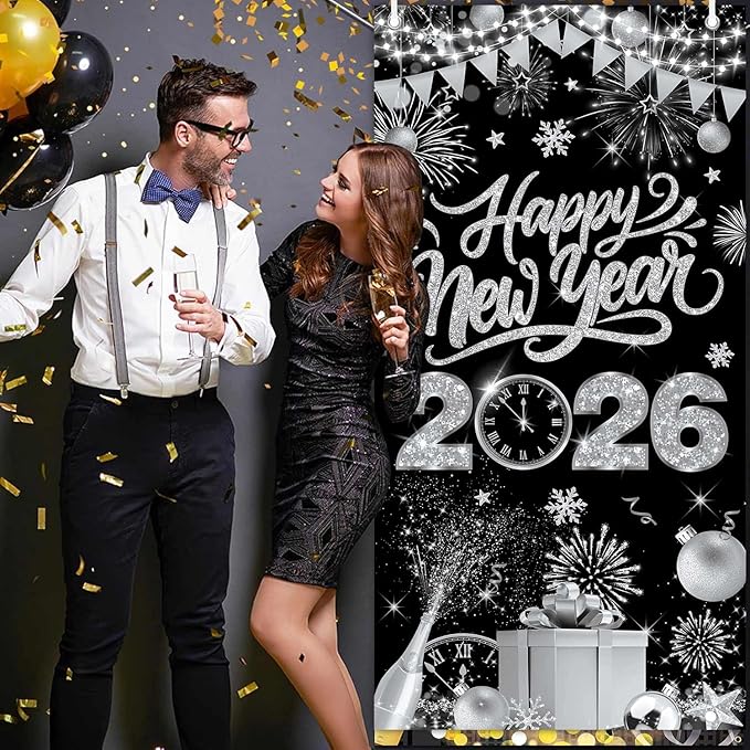 Black Silver Happy New Year 2026 Door Cover, Large 2026 NYE Front Door Banner New Year Eve Party Backdrop Decoration for Indoor Outdoor Festive NYE Hanging Sign