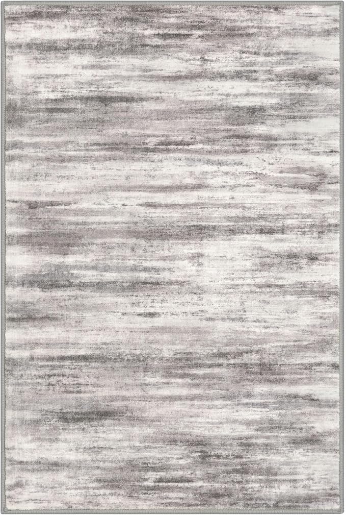 KOZYFLY Modern Abstract Small Area Rugs 2x3, Washable Kitchen Rug Non-Slip Soft Small Bathroom Rug, Grey Beige Striped Entryway Rugs Abstract Print Faux Wool Doormat for Bedside Entrance Bedroom Sink
