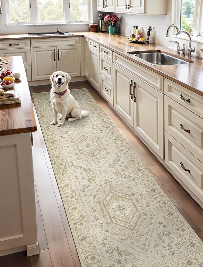 SERISSA Runner Rug for Hallways, 2'6"x10' Washable Non Slip Kitchen Runner Rug, Long Boho Rug Vintage Beige Hallway Stair Ultra Soft Print Floor Carpet for Bedroom Bathroom Laundry Room