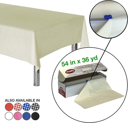 Neatiffy Disposable Plastic Table Cloth Roll | 54 in x 108 Ft Waterproof Tablecloth | Table Cover for Rectangle, Square, Round Oval Tables | Picnic, Party, Banquet, Birthdays, Weddings - Ivory