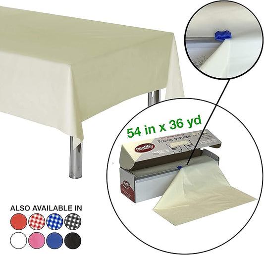 Neatiffy Disposable Plastic Table Cloth Roll | 54 in x 108 Ft Waterproof Tablecloth | Table Cover for Rectangle, Square, Round Oval Tables | Picnic, Party, Banquet, Birthdays, Weddings - Ivory