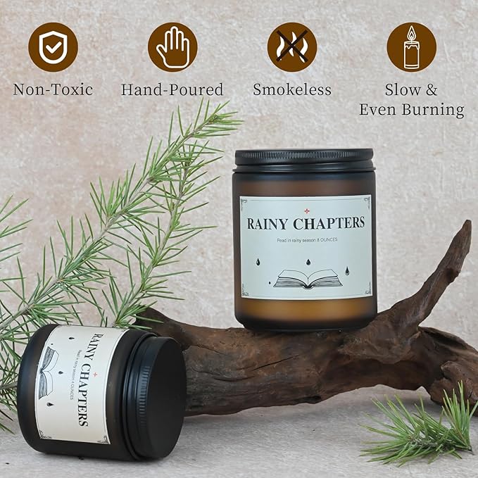 Rainy Chapters Scented Jar Candle - 100% Soy Wax Aromatherapy Candle with Juniper & Cedar Notes, Long-Lasting Fragrance for Home, Relaxation Romantic Ambience (8oz, 40-Hour Burn Time)