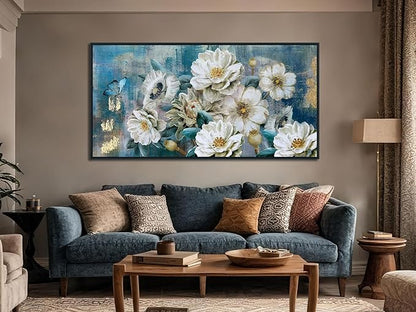Arjun Extra Large Black Framed Flower Canvas Wall Art for Living Room White Elegant Modern Painting for Bedroom Textured Gold Foil Turquoise Picture Floral Teal Artwork Home Office Decor, 58"x29"