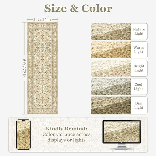 Boho Hallway Runner 2x6, Low Pile Thin Entryway Runner 6ft, Kitchen Runner Rugs Non Skid Washable for Laundry Room Bedside Bathroom, Floral Moroccan Pattern Warm Beige with Opal Colors