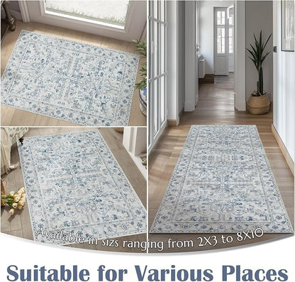 jinchan Hallway Runner Rug 2x8 Washable - Vintage Floral Non Slip Low-Pile Soft Ultra-Thin Faux Wool Kitchen Rug Distressed Carpet Runner for Farmhouse Bedroom Laundry (2x8ft,Blue)