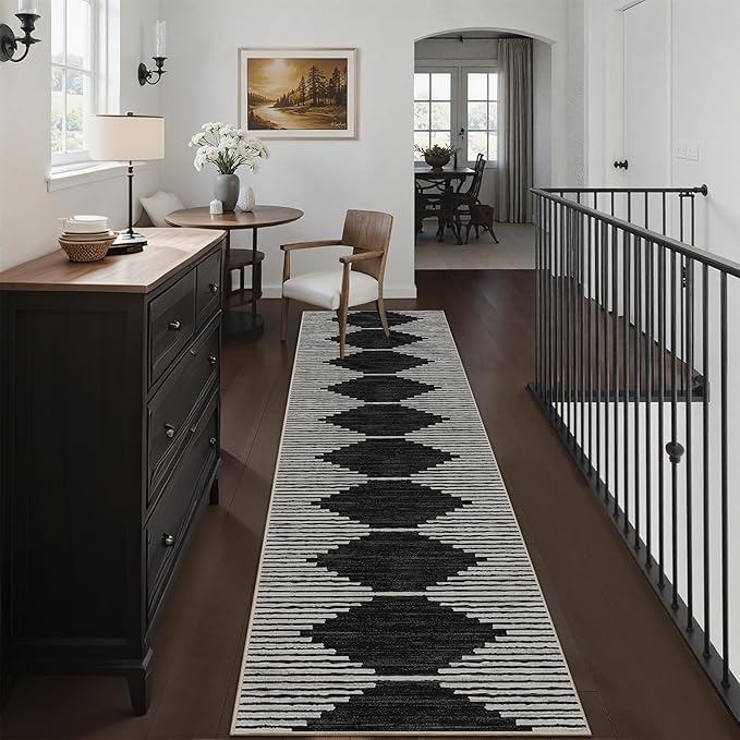HelloTree Hallway Runner Rug，2.6x12 Moroccan Modern Stripe Carpet Washable Machine Bathroom Runner Bohemian Design Modern Soft Non Slip Indoor Rug for Entryway Hallway Laundry Room Bedroom-Black