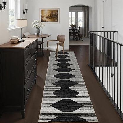 HelloTree Hallway Runner Rug，2.6x12 Moroccan Modern Stripe Carpet Washable Machine Bathroom Runner Bohemian Design Modern Soft Non Slip Indoor Rug for Entryway Hallway Laundry Room Bedroom-Black