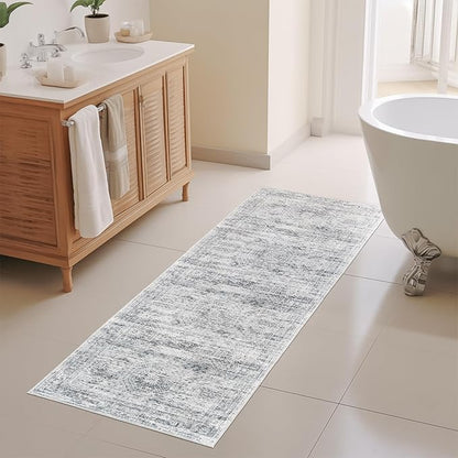 2x5 Rug Runner Washable for Entryway, Soft Bathroom Rugs with Non-Slip Backing, Abstract Low Pile Hallway Runner, Vintage Small Kitchen Carpet for Stair, Laundry Room(2'x5', Grey/Ivory)