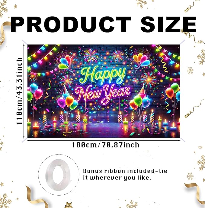 Nuxovilar Happy New Year Banner, Colorful Fireworks Neon Lights Backdrop for Party Decorations, 71x43 Inch