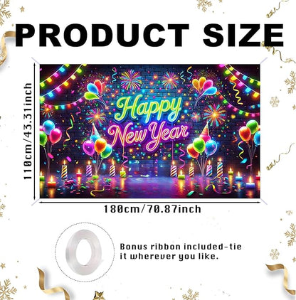 Nuxovilar Happy New Year Banner, Colorful Fireworks Neon Lights Backdrop for Party Decorations, 71x43 Inch