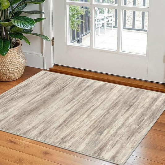 KOZYFLY Modern Abstract Rugs for Entryway 2x3, Washable Kitchen Rug Non-Slip Soft Small Bathroom Rug, Beige Brown Striped Small Area Rugs Print Faux Wool Doormat for Bedside Entrance Bedroom Sink