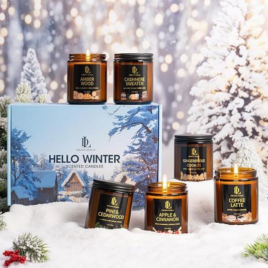 Winter Candle Set, 6 Pack Soy Candles for Home, Holiday Vanlentine's Day Gifts for Women Men, Winter Scents of Gingerbread/Apple Cinnamon/Coffee Latte/Pine Cedarwood/Amber Wood/Cashmere Sweater