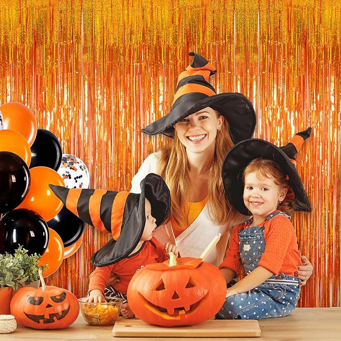 Upgraded Thicker Melsan Tinsel Fringe Curtain, 3 Pack 3.2 x 8.2 ft Orange Metallic Streamers with Extra Tape, for Thanksgiving Birthday Baby Shower Graduation Party Decor