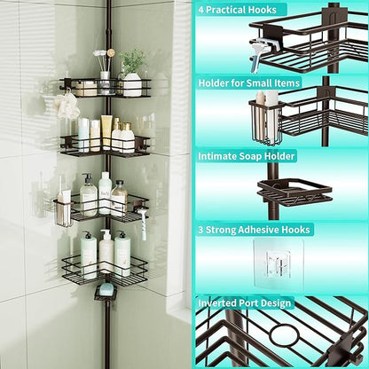 HapiRm Corner Shower Caddy Organizer - Shower Organizer Corner with Soap Holder, Toothbrush Holder and 4 Hooks, Rustproof Bathroom Shelf Tension Pole Available for 27.6 to 108.3 Inch - Bronze