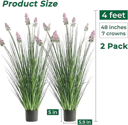 4ft 2-Pack Horsetail Reed Grass with Purple Cockscomb Flower, 48in Tall Indoor Outdoor Green Onions Fake Plants in Pot, Home Office Decorative Artificial Plant & Greenery, Wedding Décor