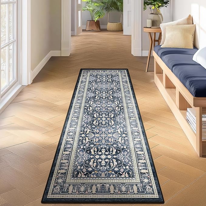Dark Blue 2x7 Runner Rug Non Slip, Floral Trellis Entryway Rugs for Inside House Mudroom, Kitchen Runner Rugs Non Skid Washable, Carpet Runner for Bathroom Laundry Room Bedroom Farmhouse
