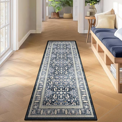 Dark Blue 2x7 Runner Rug Non Slip, Floral Trellis Entryway Rugs for Inside House Mudroom, Kitchen Runner Rugs Non Skid Washable, Carpet Runner for Bathroom Laundry Room Bedroom Farmhouse