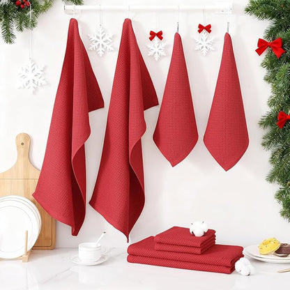 Homaxy 100% Cotton Kitchen Towels and Dishcloths Set, 12 x 12 Inches and 13 x 28 Inches, Set of 16 Bulk Kitchen Towels Set, Ultra Soft Absorbent Dish Cloths for Washing Dishes, Red