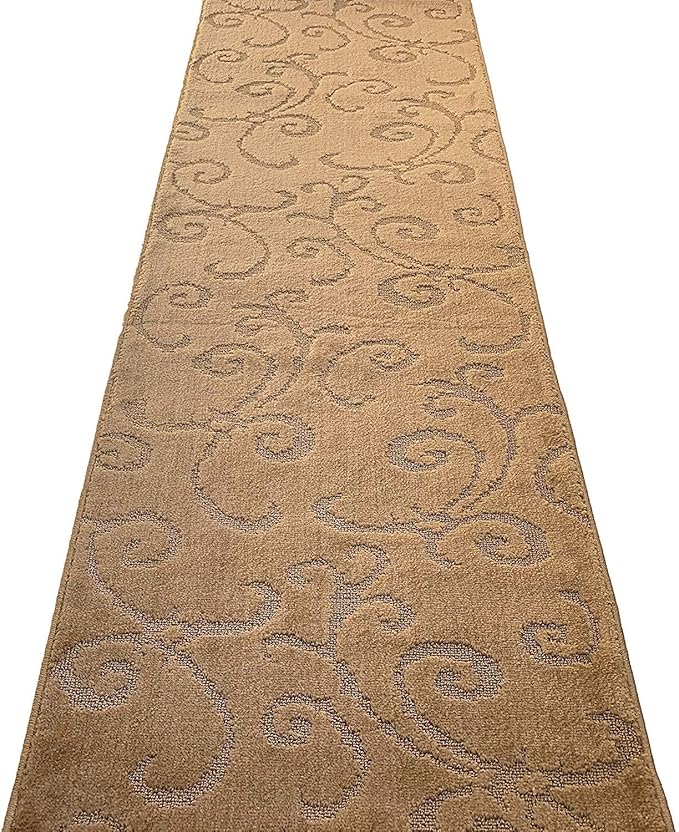 Custom Size Hallway Carpet Runner Rug, Slip Resistant, 31 Inch Wide X Your Choice of Length, Scroll Brownish Beige, 31 Inch X 30 feet