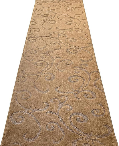 Custom Size Hallway Carpet Runner Rug, Slip Resistant, 31 Inch Wide X Your Choice of Length, Scroll Brownish Beige, 31 Inch X 30 feet