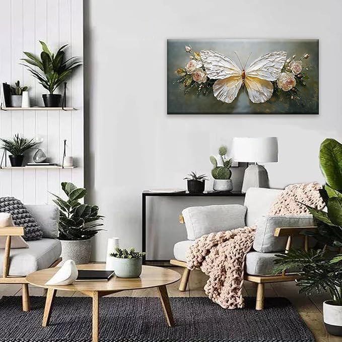 Modern Abstract Artwork White Simple Butterfly And Rose Wall Art Decor Canvas Prints Art Work For Wall Decor For Bedroom Living Room Apartment Kitchen Bathroom Office 20x40 Inch