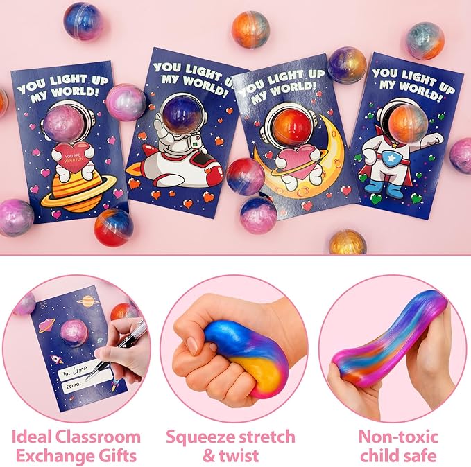 28 Pack Valentines Day Gifts for Kids,Galaxy Slime with Valentines Cards for Kids, Stress Relief Fidget Toys Set, Classroom Exchange Gifts, Valentine's Day Party Favors, School Prizes