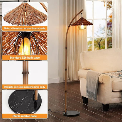 beaysyty Bamboo Floor lamp Mid Century Rattan Retro Floor lamp Bohemian,Arc Floor Lamps for Living Room Tall Reading Lamps Antique Rattan Style for Bedroom Dining Room Farmhouse Study (Brown)