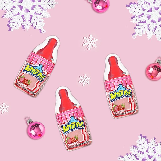 Baby Bottle Pop Valentine's Candy Pink Lollipops, 10 Ct Lollipops with Dipping Powder in Pink Strawberry Flavor, Full Size, Individually Wrapped Hard Candy For Valentine's Goodie Bags, Party Favors