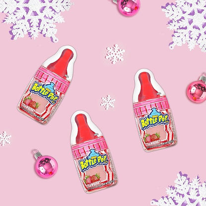 Baby Bottle Pop Valentine's Candy Pink Lollipops, 10 Ct Lollipops with Dipping Powder in Pink Strawberry Flavor, Full Size, Individually Wrapped Hard Candy For Valentine's Goodie Bags, Party Favors