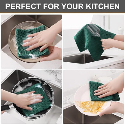 Kitinjoy 100% Cotton Kitchen Dish Cloths, 8 Pack Waffle Weave Ultra Soft Absorbent Dish Towels for Drying Dishes Quick Drying Kitchen Towels Dish Rags, 12 X 12 Inches, Dark Green