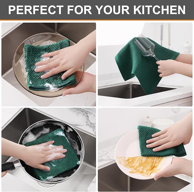 Kitinjoy 100% Cotton Kitchen Dish Cloths, 6 Pack Waffle Weave Ultra Soft Absorbent Dish Towels for Drying Dishes Quick Drying Kitchen Towels Dish Rags, 12 X 12 Inches, Dark Green